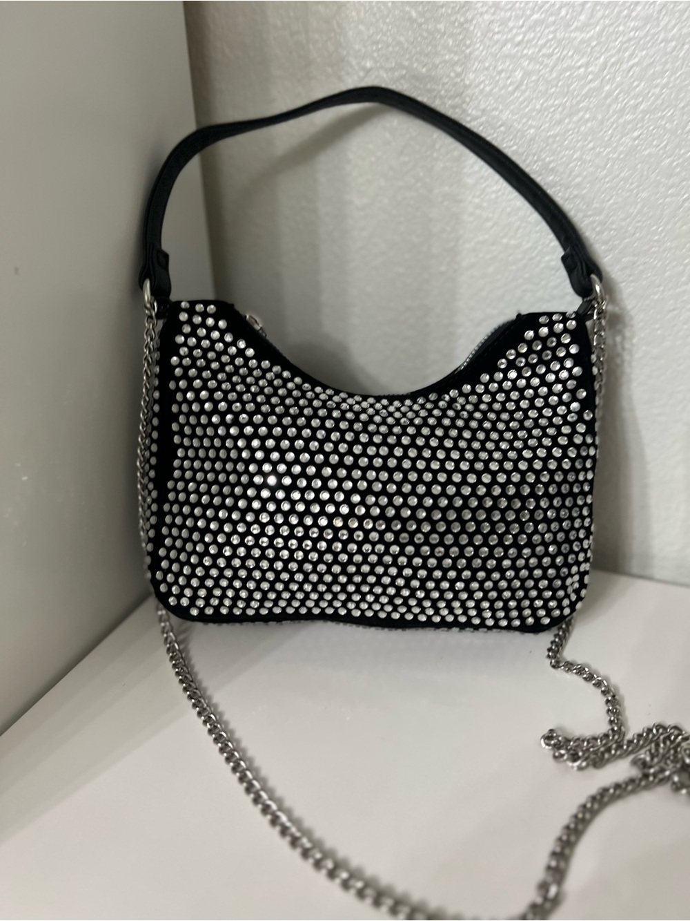Grossi New Black Studded Shoulder Bag with Silver Chain